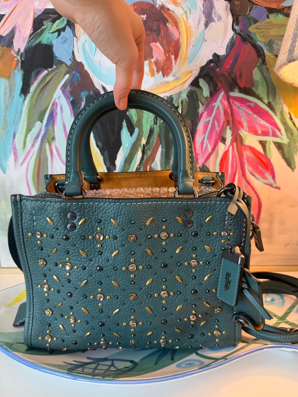 Coach Teal Pebbled Leather Satchel with Gold Stud Accents